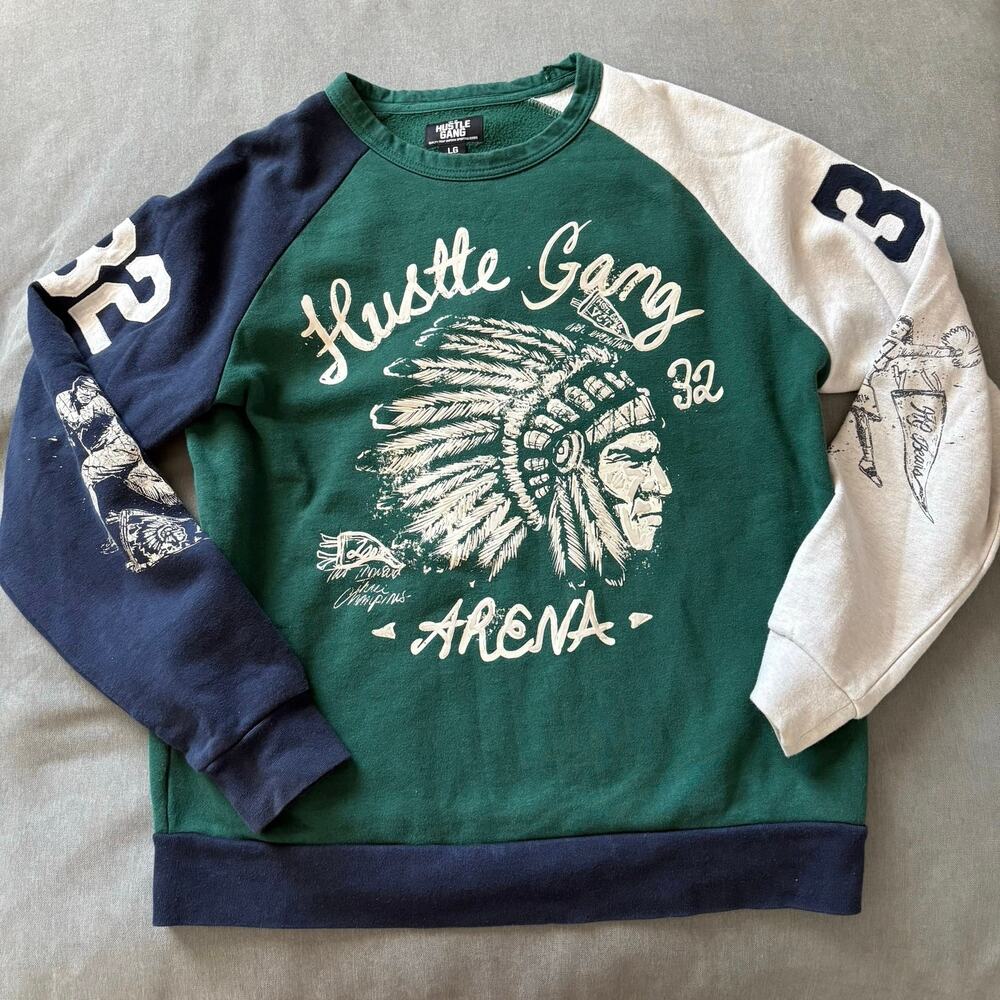 Hustle Gang Graphic Sweatshirt Mens L Green Raglan Varsity Colorblock Preppy